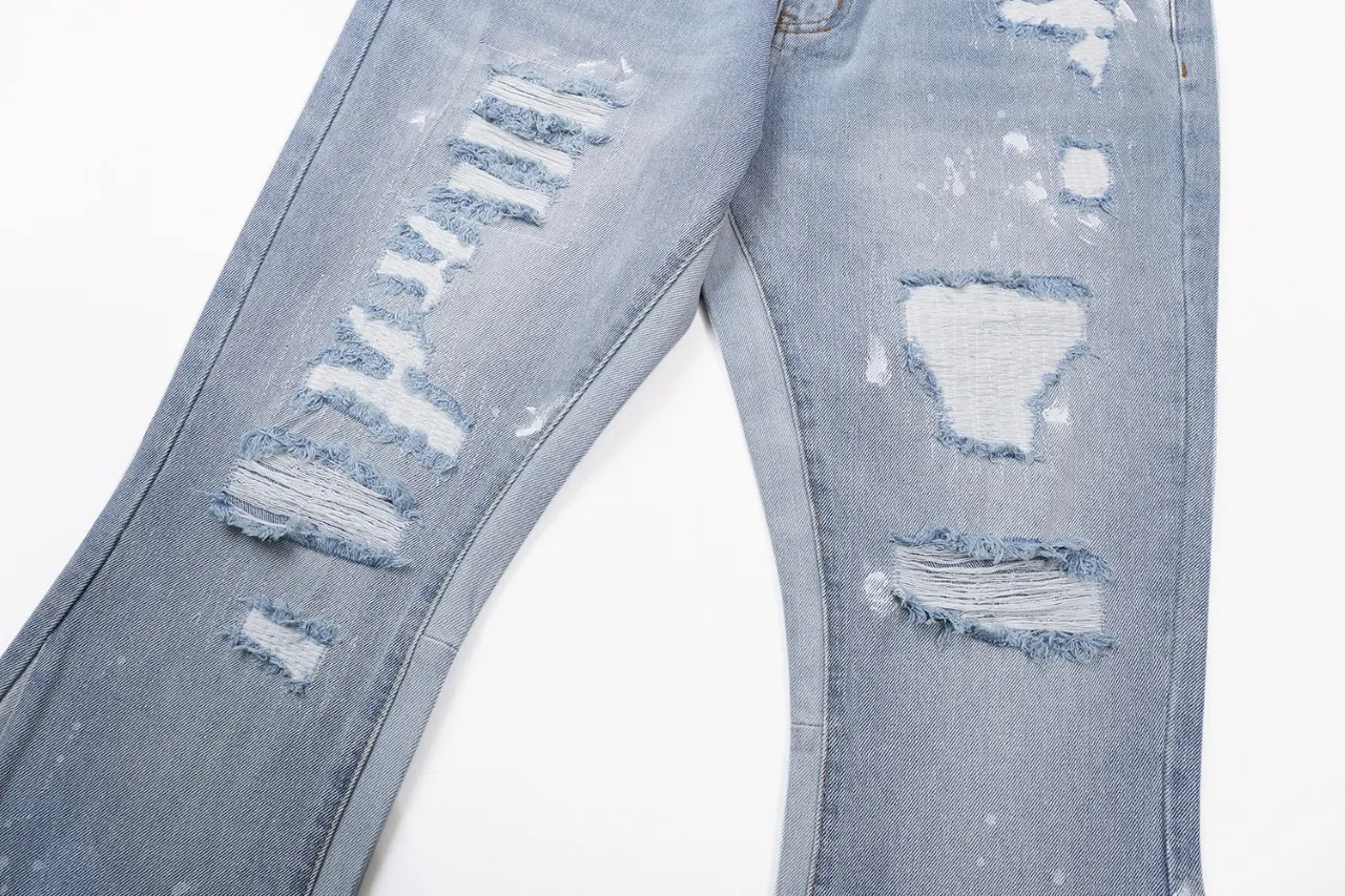 p270 647#Gallery Dept New Washed Blue Destroyed Hole Embroidery Patch Hand-painted Splashed Ink Splicing Micro-Large Jeans Heavy Industry Ox King American High Street Casual Pants Washed Blue S~XL
